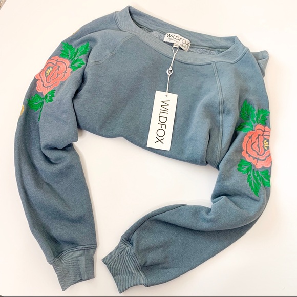 Wildfox Sweaters - NWT Wildfox Indigo Rose Embroidered Pullover